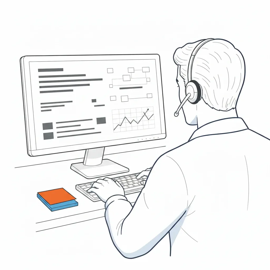 Employee with a phone headset at a desk with a growing stack of identical question slips