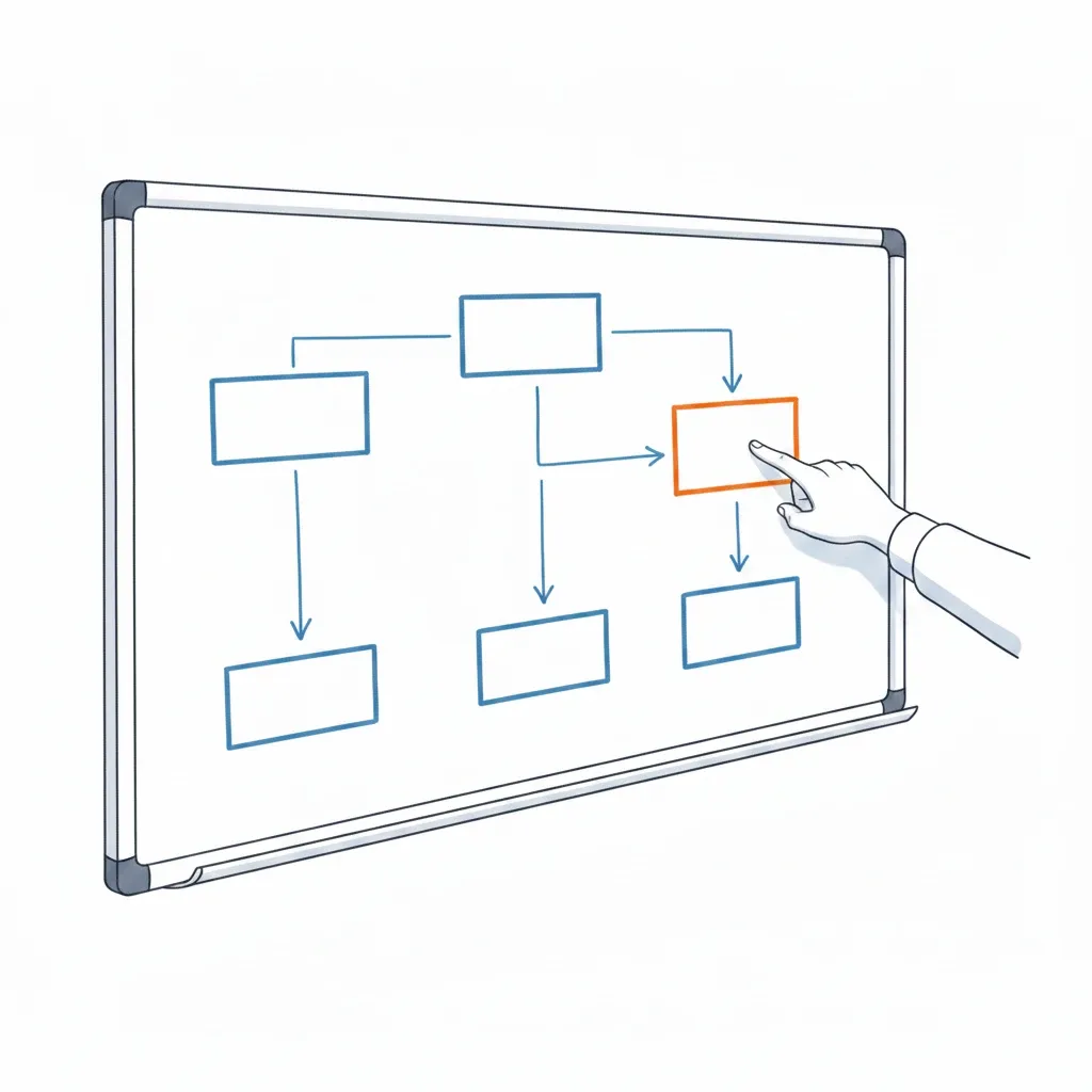 To medarbejdere ved et whiteboard med et procesdiagram, den ene peger på et fremhævet trin