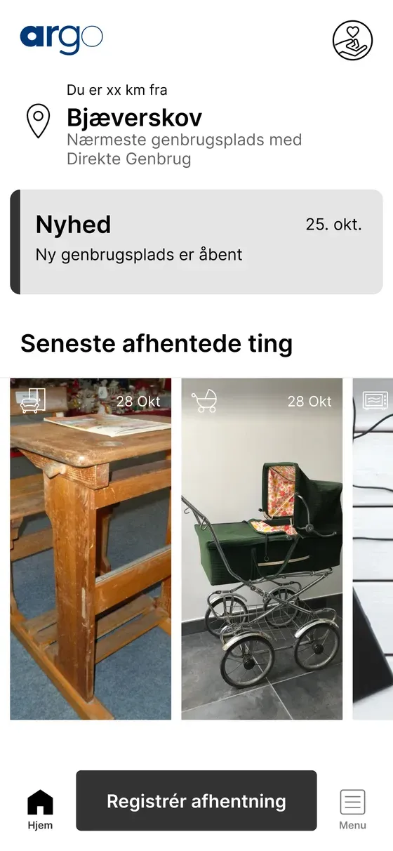 Forsiden viser nærmeste plads og de seneste afhentede ting