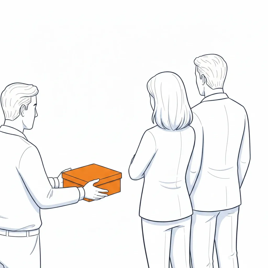 An employee approaching with a box towards two customers who have their backs turned and are not being followed up