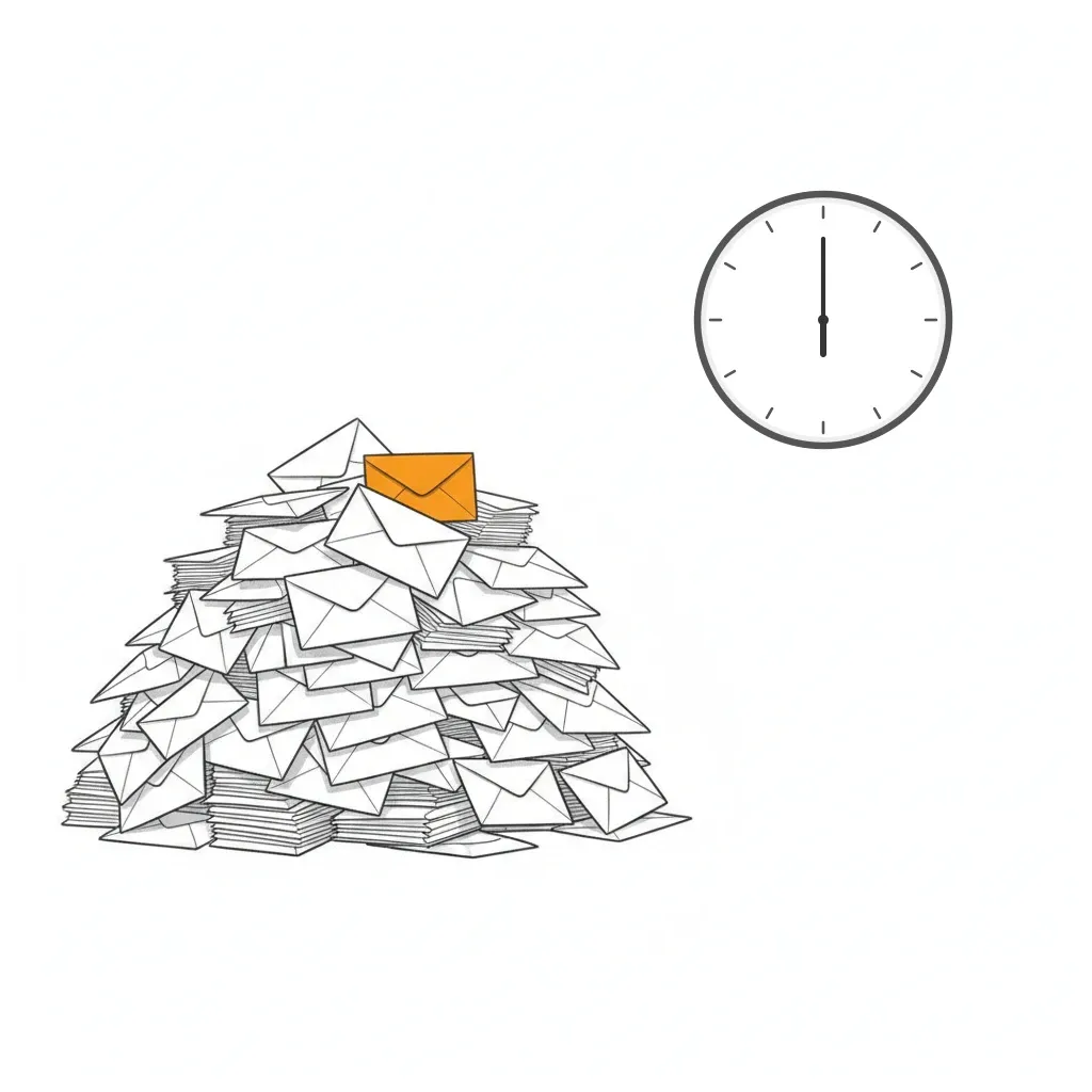 A growing stack of unanswered letters and a wall clock showing six in the evening, replies that did not go out in time