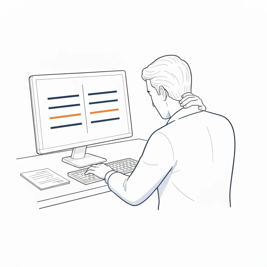 Employee typing the same details into several places on a split screen, where the two sets of data do not quite match