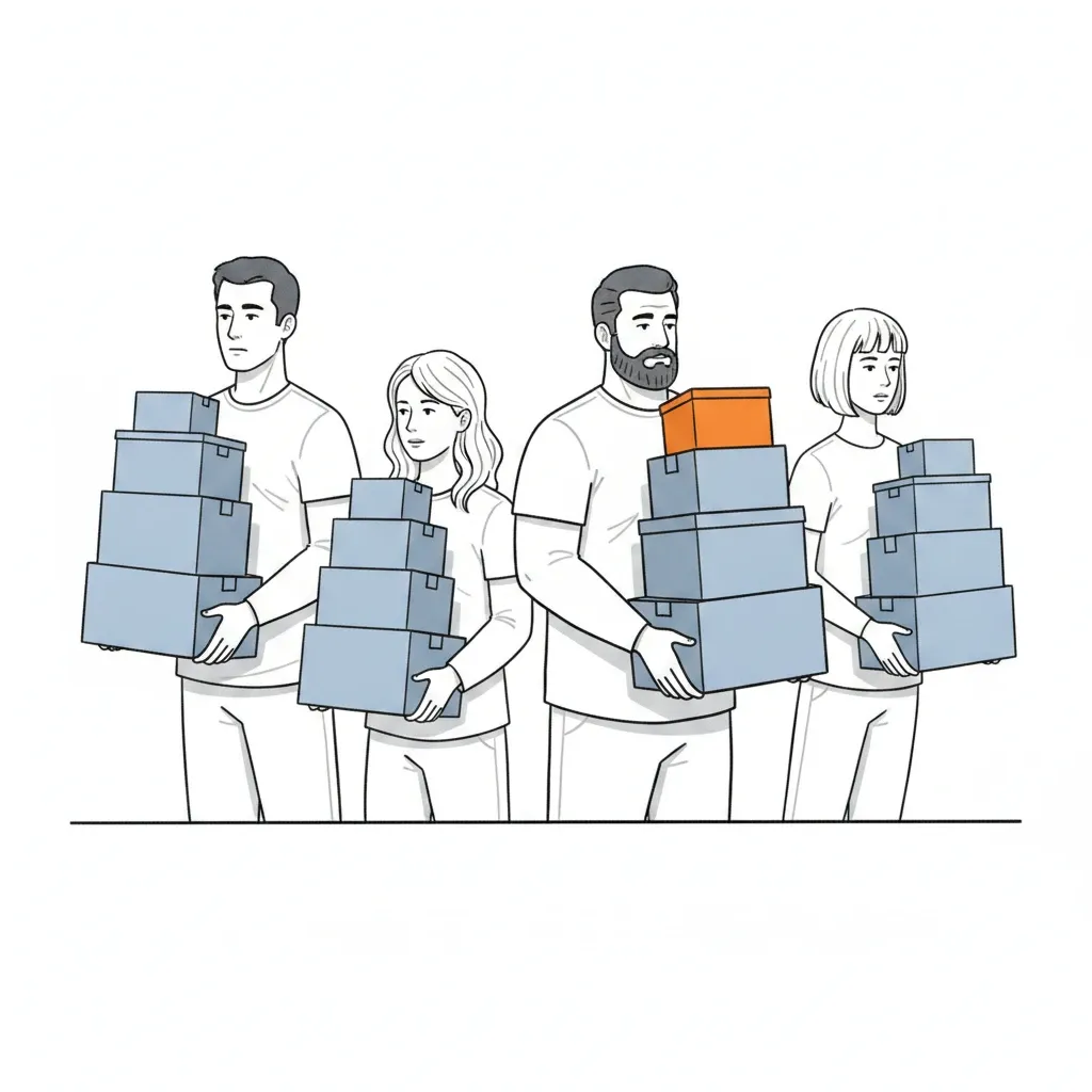 Four different employees each carrying a tall stack of boxes, more volume taking more hands