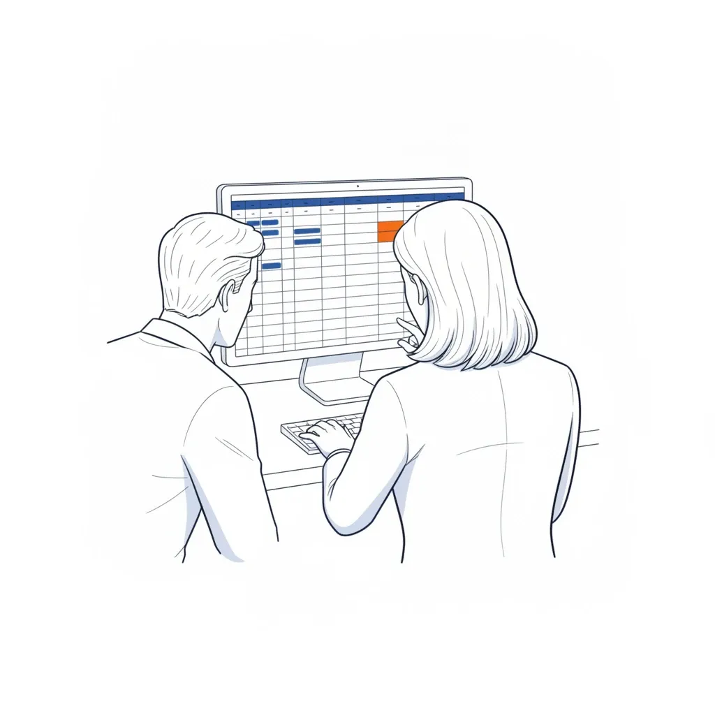 A woman working in a spreadsheet while a colleague looks on over the screen, the knowledge sitting with her alone