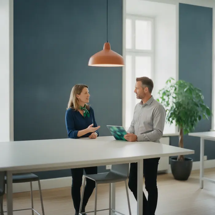 To kolleger står og taler sammen ved et højbord i et lyst kontor