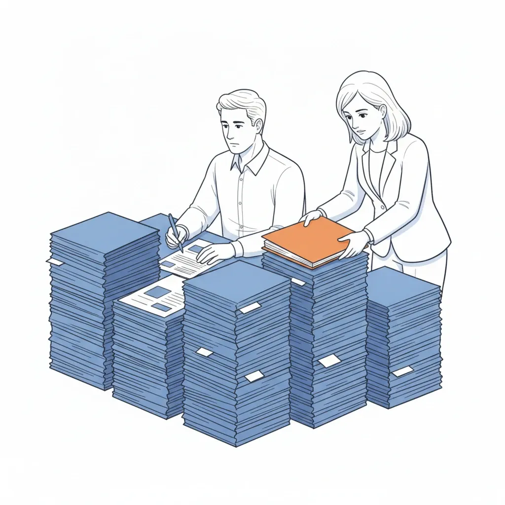 An employee buried in stacks of paper while a colleague arrives with yet another folder of documents