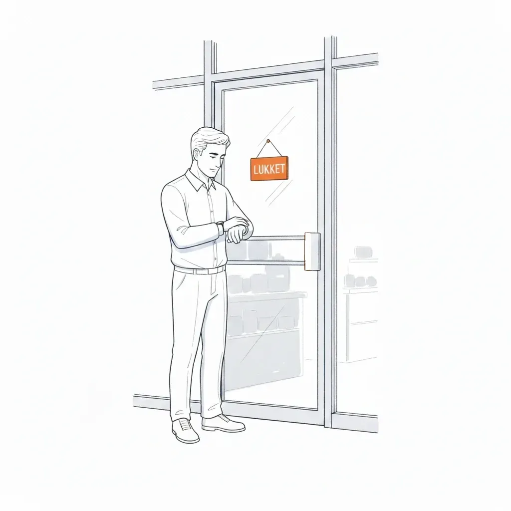 Person standing at a closed shop door with an orange closed sign, checking their watch outside opening hours