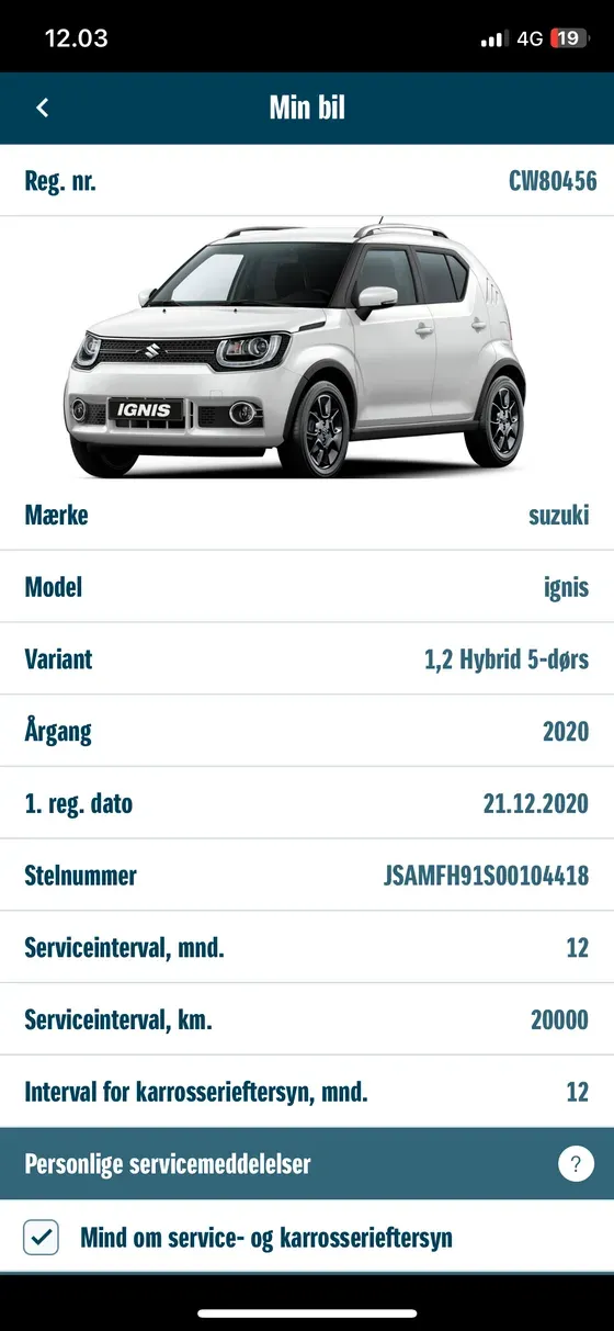 Bilens data hentet fra Motorregistret