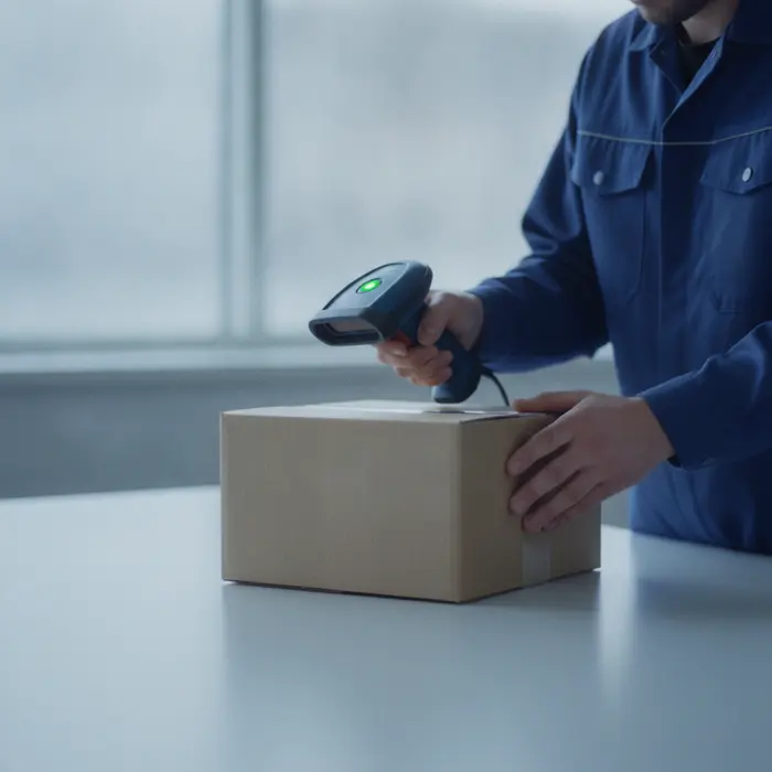 Medarbejder scanner en kasse med en håndscanner, hvor en grøn lampe lyser