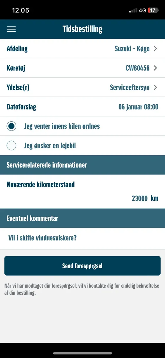 Tidsbestilling med bil og kilometerstand udfyldt
