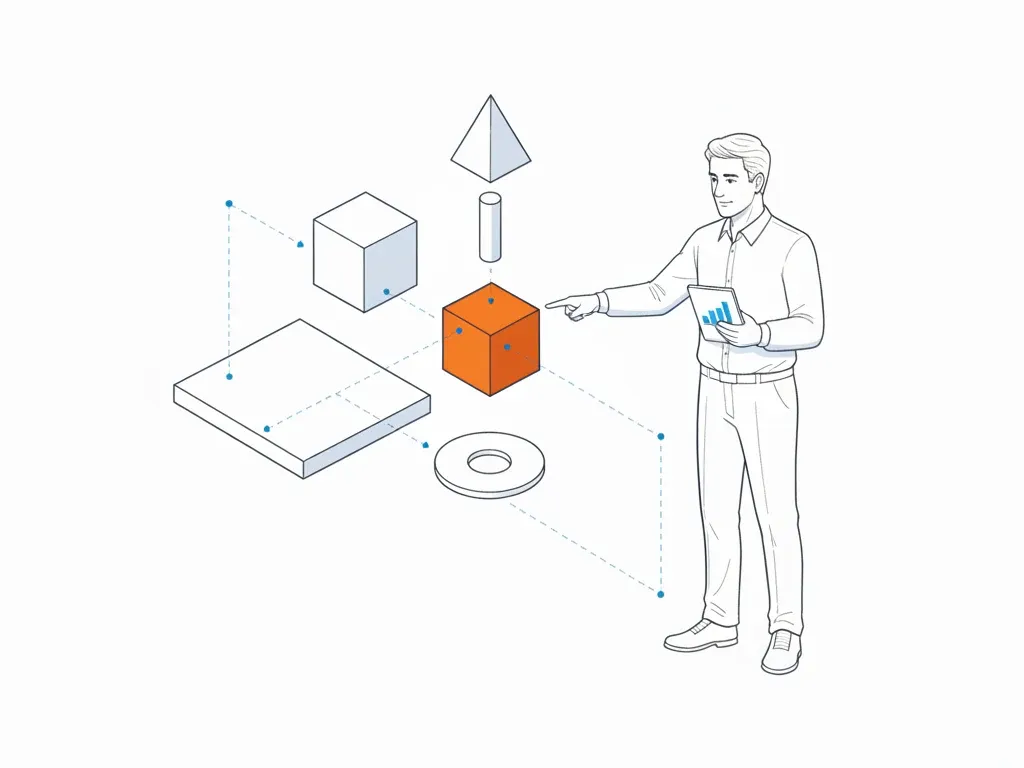 Salesperson pointing at one part in an exploded view of a product, with dotted lines showing how the parts fit together