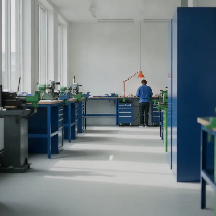 Lyst dansk værksted med blå arbejdsbænke på række og én medarbejder ved den bageste bænk under en orange arbejdslampe