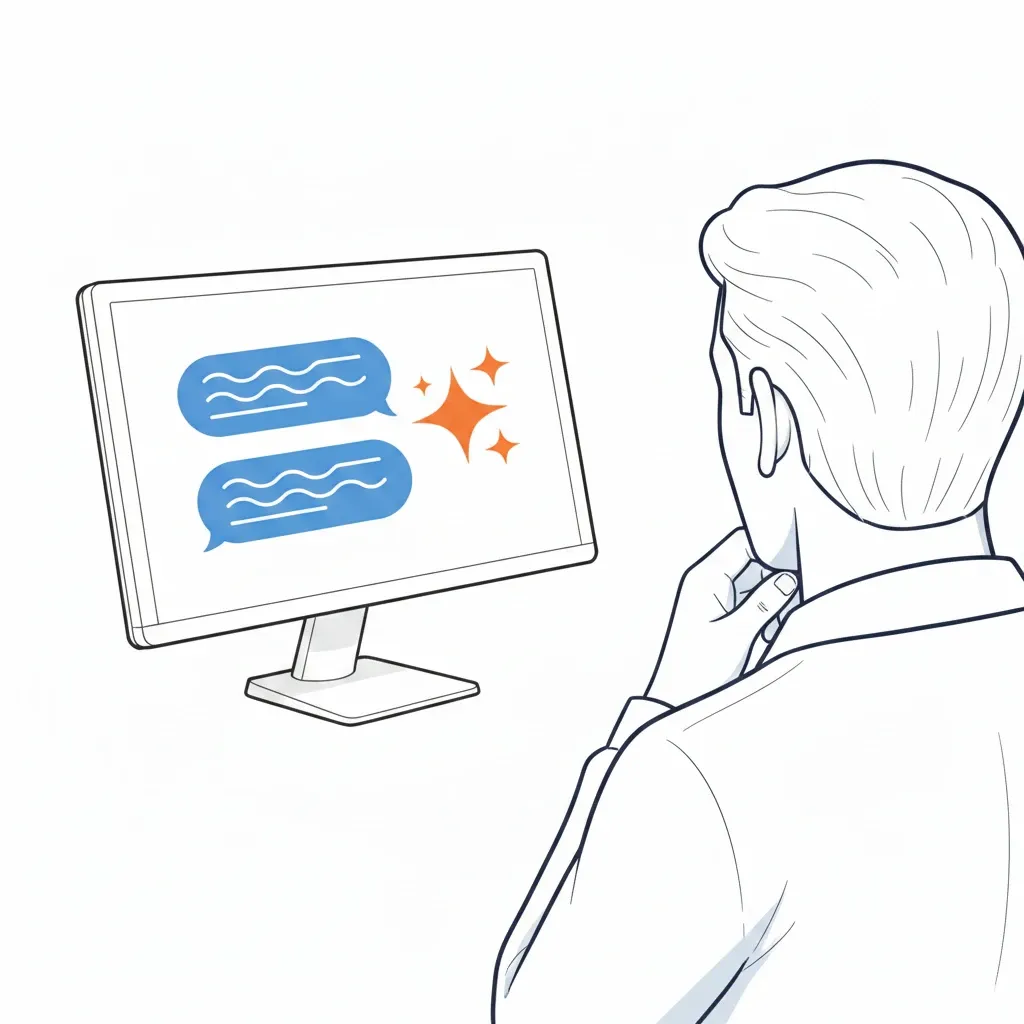 Employee looking at a screen with a chat and an orange AI symbol, considering where AI could start