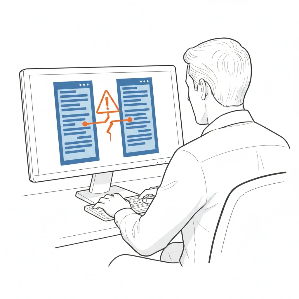 Employee looking at a screen with two systems where the connection between them is broken and marked with an orange warning triangle