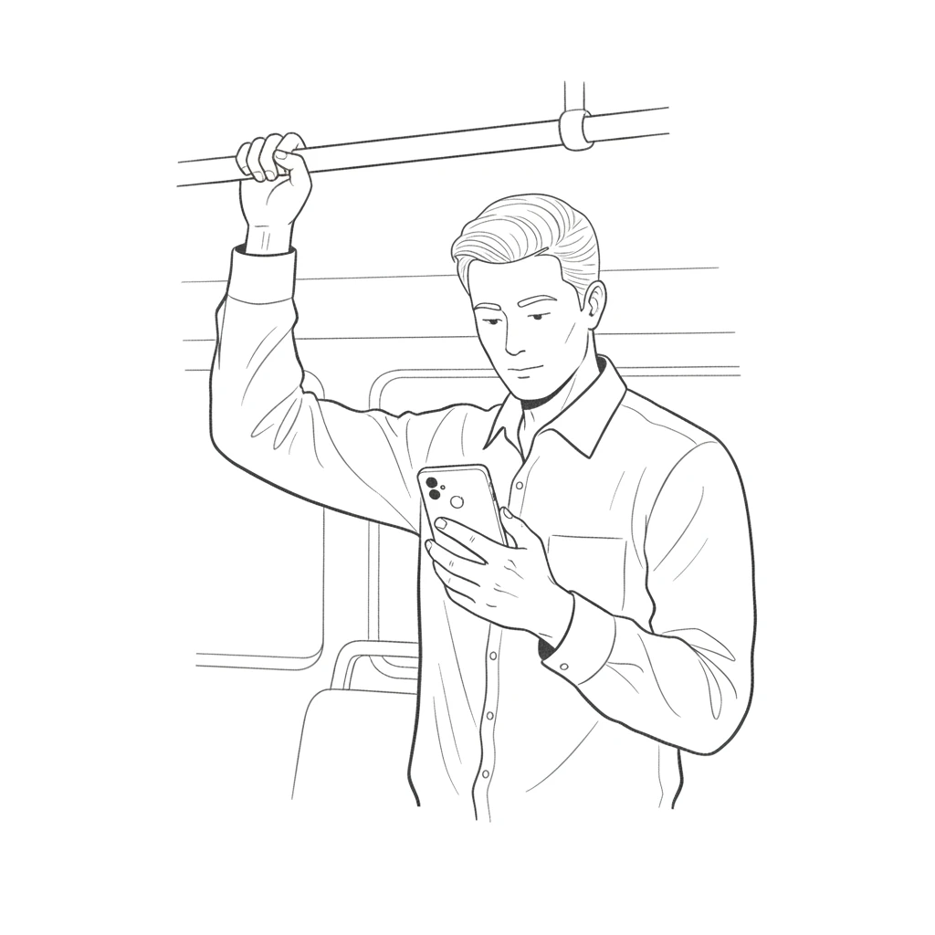 Stregtegning af en mand i en bus med hånden på stangen, mens han ser ned på sin telefon