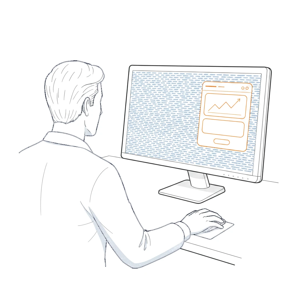Line drawing seen over the shoulder of a man at his screen: a dense older system in blue with one newer panel in orange laid on top
